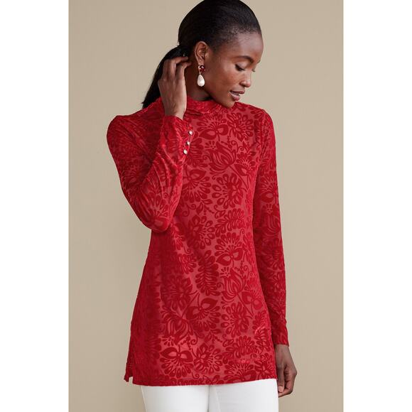 Soft Surroundings Walden Velvet Burnout Turtleneck Tunic Large Red Dahlia - Picture 1 of 12